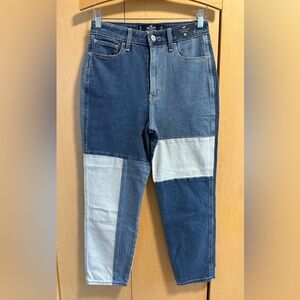 Hollister Ultra High Rise Mom Ankle Jean with Blue and White Patchwork Design 26
